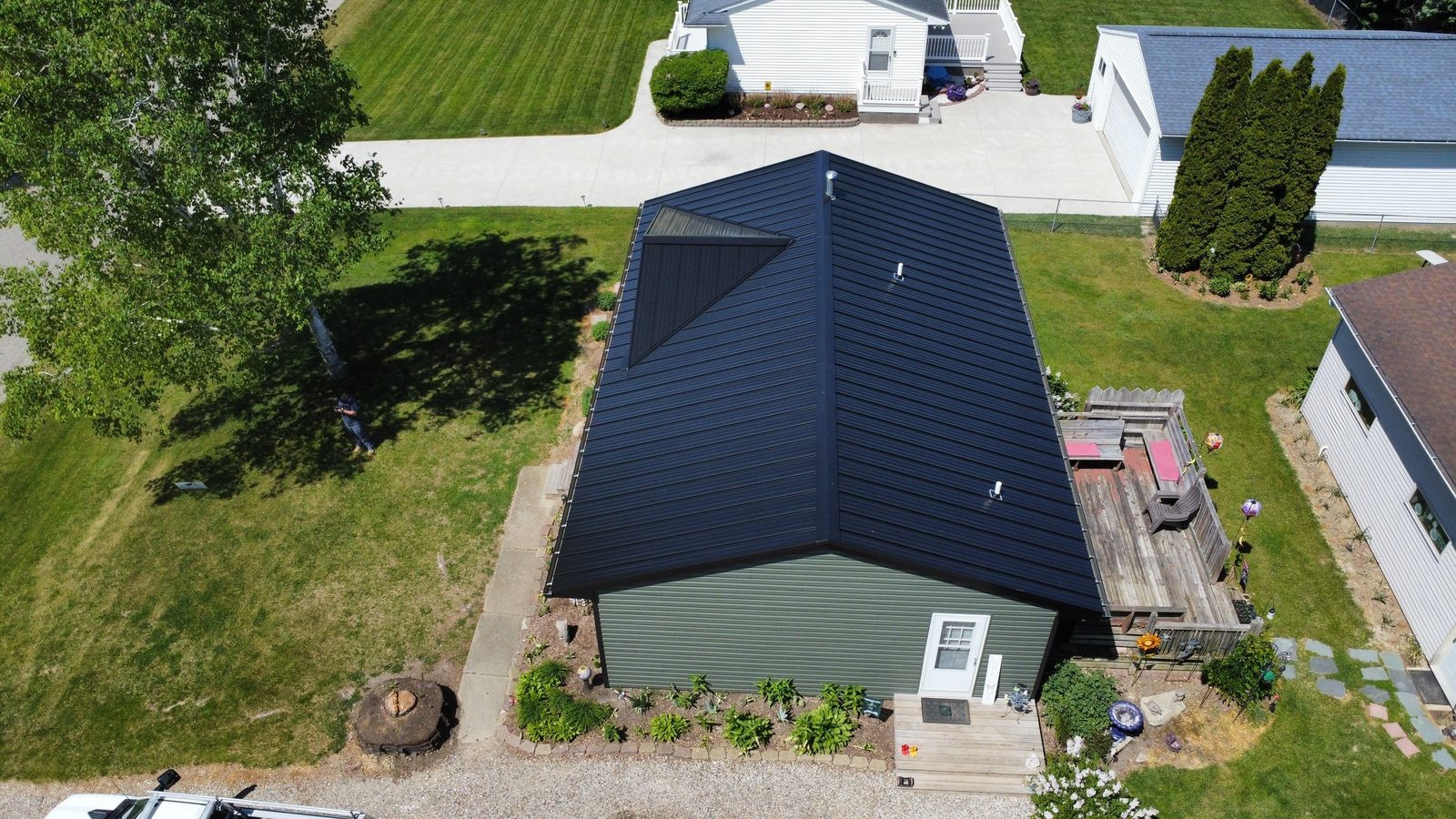 Charcoal standing seam metal roof, aerial